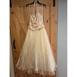 New! Te Rez New York Vintage Champagne Brocade Tull Formal Dress Size 10 Halter